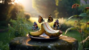 Illustration of butterflies feeding on a banana peel used as garden bait