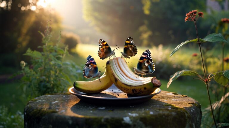 Illustration of butterflies feeding on a banana peel used as garden bait
