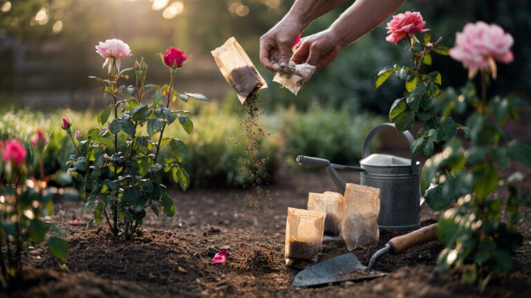 Illustration of spent tea bags and used tea leaves being applied around flowering plants to enrich soil and enhance blooms