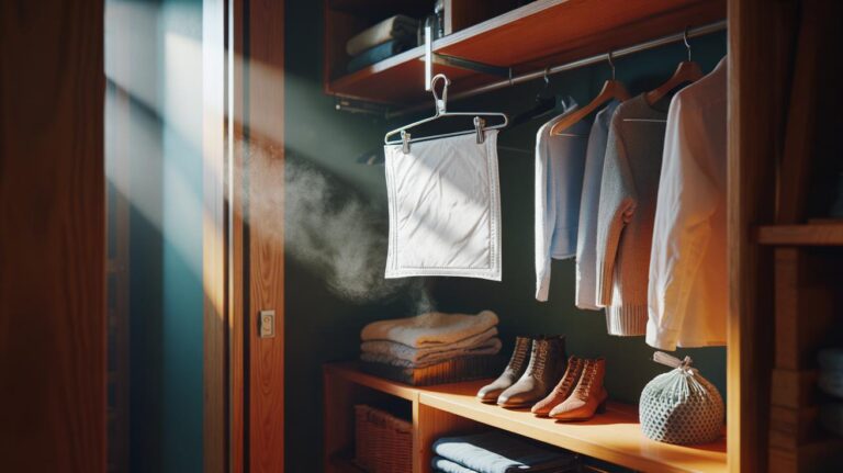Illustration of dryer sheets placed in a musty wardrobe to deodorize and keep clothes smelling fresh