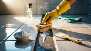 Illustration of baking soda paste being scrubbed on bathroom tiles and grout to remove mould and mildew