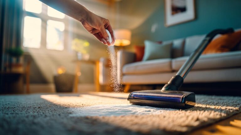 Illustration of baking soda being sprinkled on a carpet to remove odours in 10 minutes