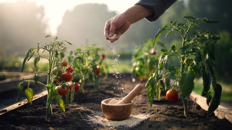Illustration of [powdered eggshells being applied around vegetable plants in a garden bed]