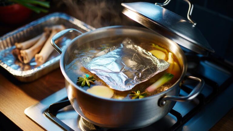 Illustration of a simmering pot of soup broth with a sheet of aluminium foil pressed onto the surface as a cartouche, topped with a lid to intensify flavour