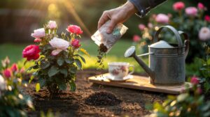 Illustration of used tea bags being opened and their leaves applied as a mulch around blooming rose bushes