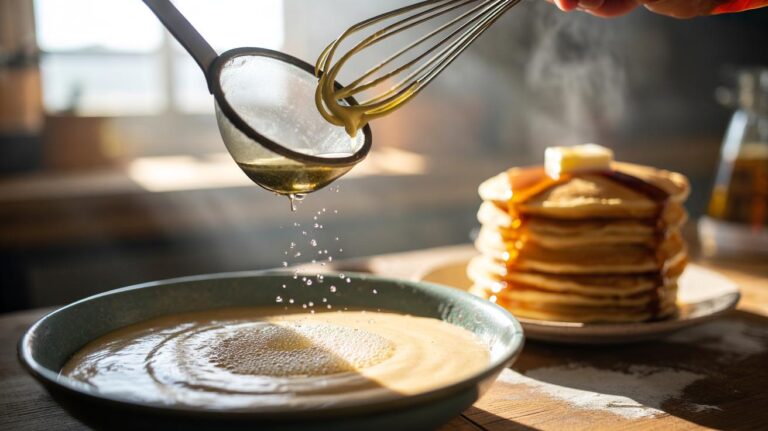 Illustration of adding a dash of vinegar to pancake batter to create extra-fluffy pancakes