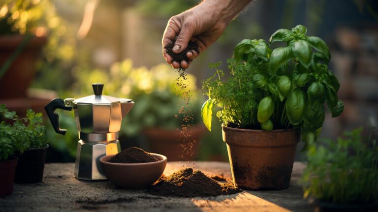 Illustration of spent coffee grounds being lightly sprinkled around basil and parsley plants to boost herb yield