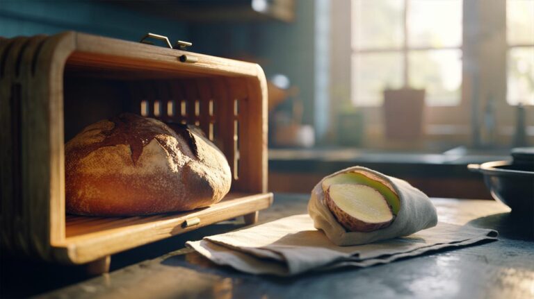 Illustration of a loaf of bread in a ventilated breadbox with a wrapped potato slice placed nearby to keep the bread soft