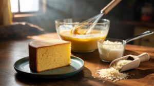 Illustration of rice starch and rice flour being incorporated into cake batter to improve moisture and create a tender, long-lasting crumb