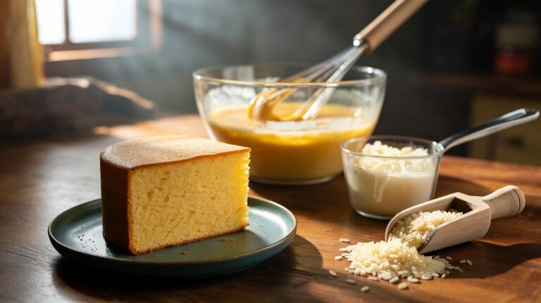 Illustration of rice starch and rice flour being incorporated into cake batter to improve moisture and create a tender, long-lasting crumb