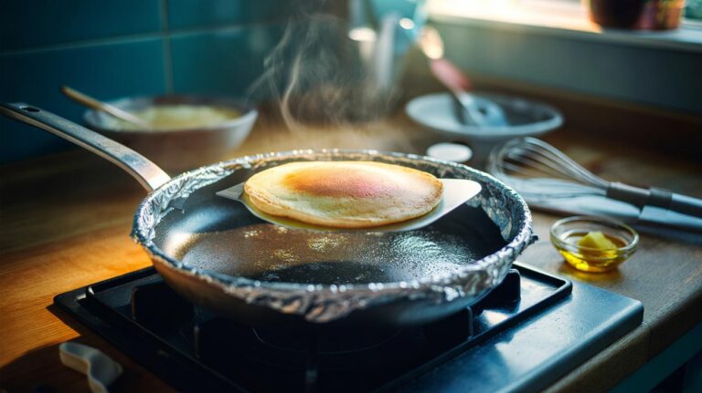 Illustration of a frying pan lined with aluminium foil, lightly oiled, cooking pancakes being flipped with a thin spatula