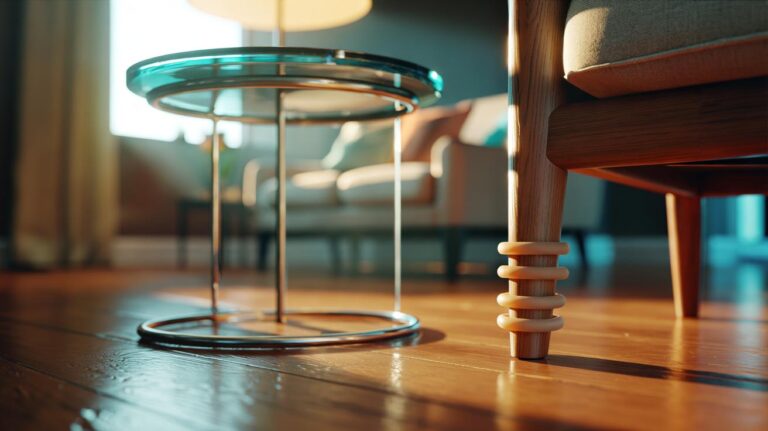 Illustration of rubber bands wrapped around chair legs and under a lamp base to protect furniture surfaces from scratches