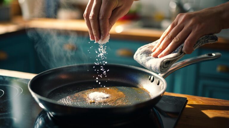 Illustration of removing grease from a pan with salt in two minutes