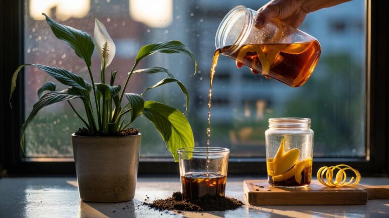 Illustration of banana peel infusion being used to water a wilted houseplant for overnight recovery