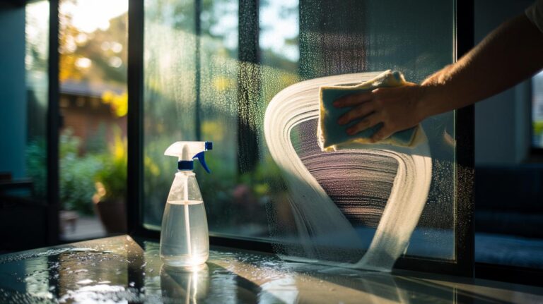 Illustration of cleaning a glass window with a white vinegar and water spray and a microfibre cloth for a streak-free finish